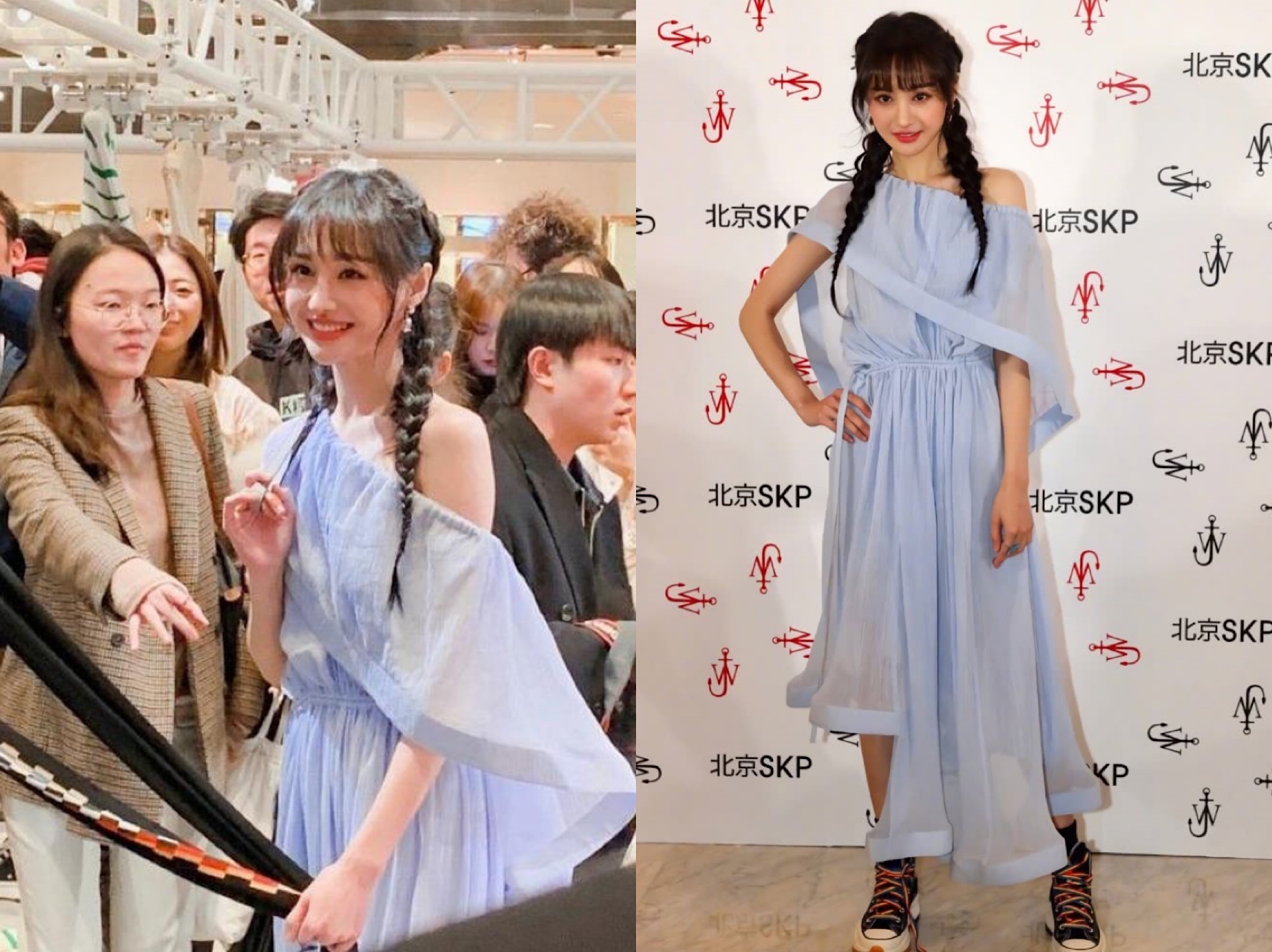 少女|郑爽粉蓝纱裙搭配帆布鞋,很是少女感,少女爽妹子似乎又回来了!